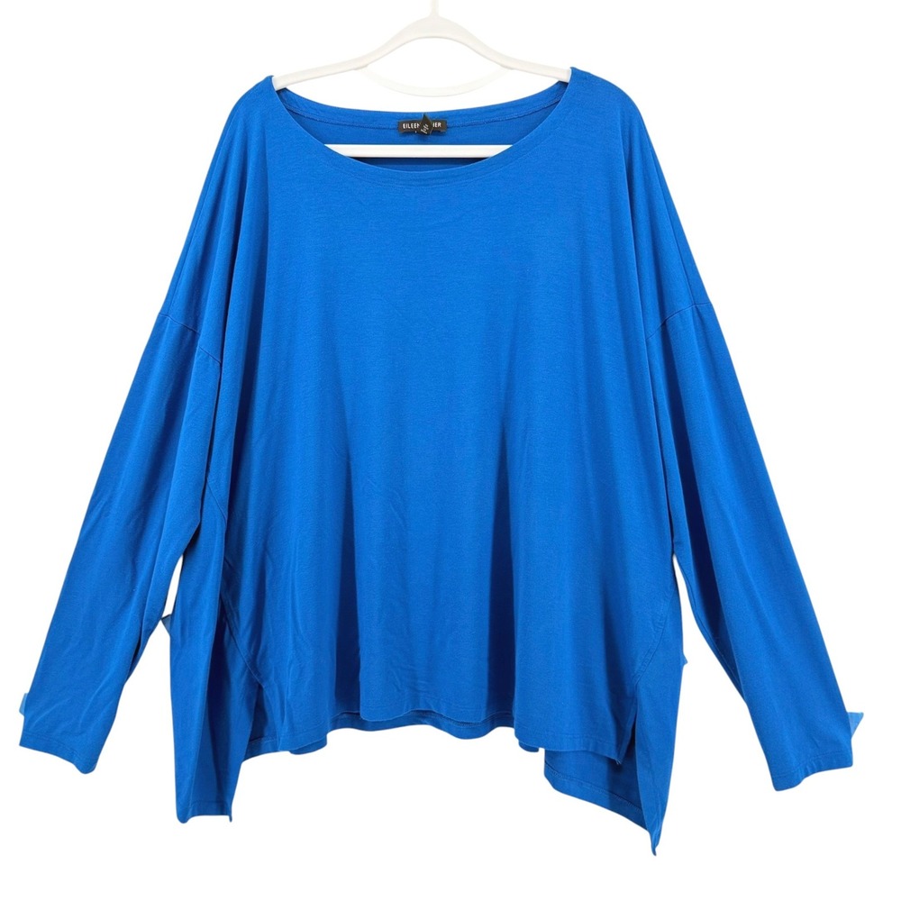 Eileen Fisher Royal Blue Viscose Stretch Oversized Long Sleeve Tunic Top XL
